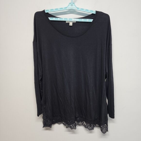 Sejour Tops - Sejour Womens Modal Shirt Top Size 2X Black Lace Trim Long Sleeve Scoop Neck